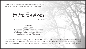 Traueranzeige von Fritz Endres von Pegnitz-Zeitung